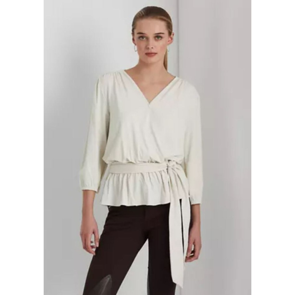 LAUREN RALPH LAUREN women top blouse 201881670001 cream belted PXS $99.50